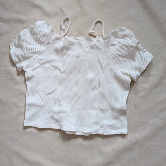 GU Ribbed Front Button Off-Shoulder Short Sleeve Top White Japanese Brand - Picture 5 of 7